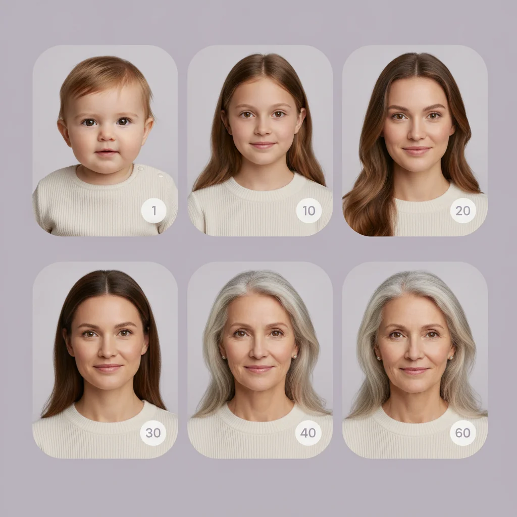 Один человек в 1, 10, 20, 30, 40 и 60 лет — пример таймлайна PhotoFuture